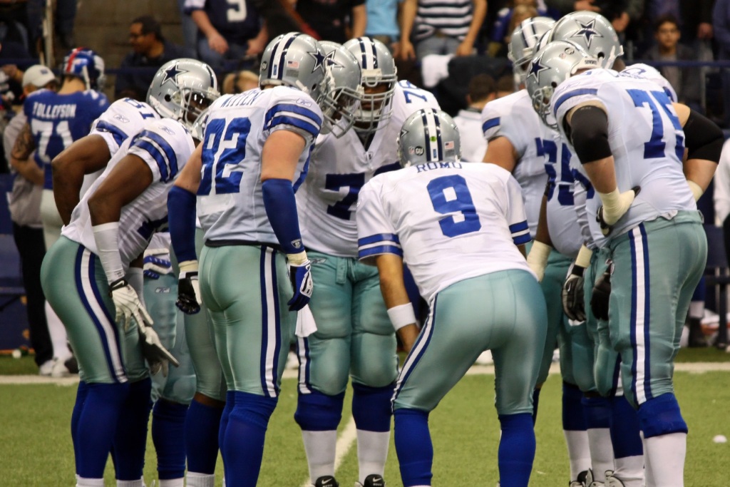 DALLAS - DEC 14: Taken in Texas Stadium on Sunday, December 14, 2008. Quarterback Tony Romo and the Dallas Cowboys in the huddle in a game against the NY Giants.