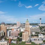 San Antonio, Texas, USA - 8-1-24, aerial view of Downtown San Antonio, Texas with famous landmarks like 